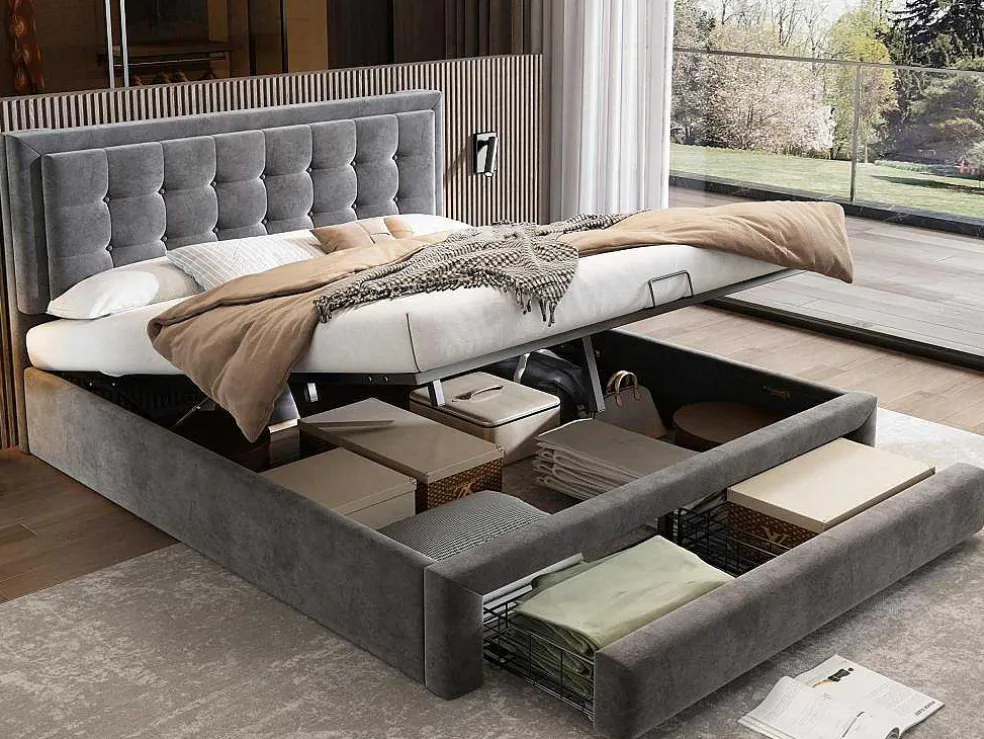 Gewatteerd Opbergbed 160X200Cm In Fluweel Met Lade + Lattenbodem - Grijs (Zonder Matras)