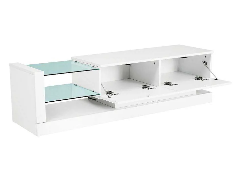 Glanzend Tv-Meubel Met 2 Deuren En 2 Glazen Planken - Spaanplaat - Led'S - Wit