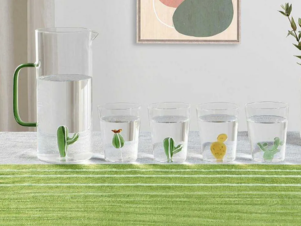 Glazen Karaf Met Cactus - Transparant En Groen - O14,5 X H24 Cm - Olata