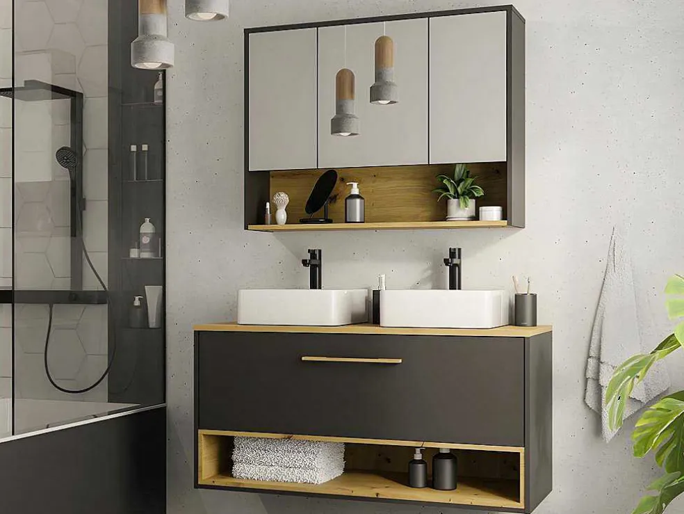 Hangend Badkamermeubel Met Dubbele Wastafel En Spiegelkast - Antraciet - 120 Cm - Yangra