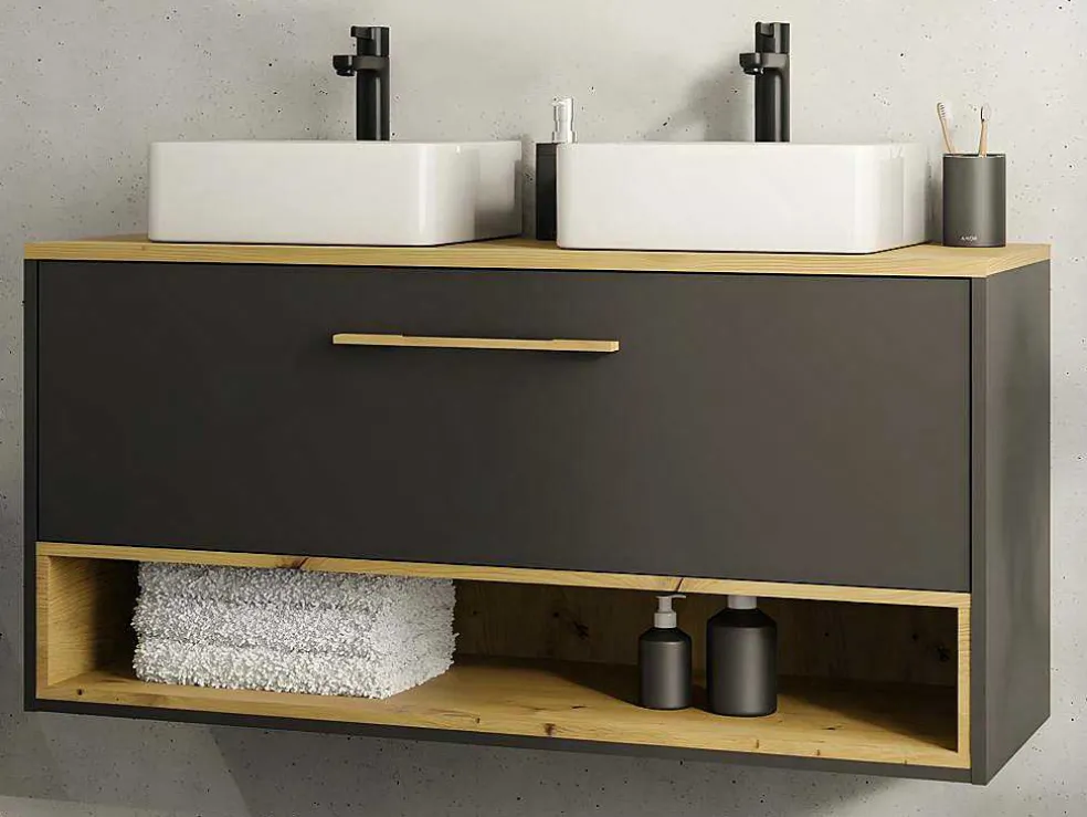 Hangend Badkamermeubel Met Dubbele Wastafel En Spiegelkast - Antraciet - 120 Cm - Yangra