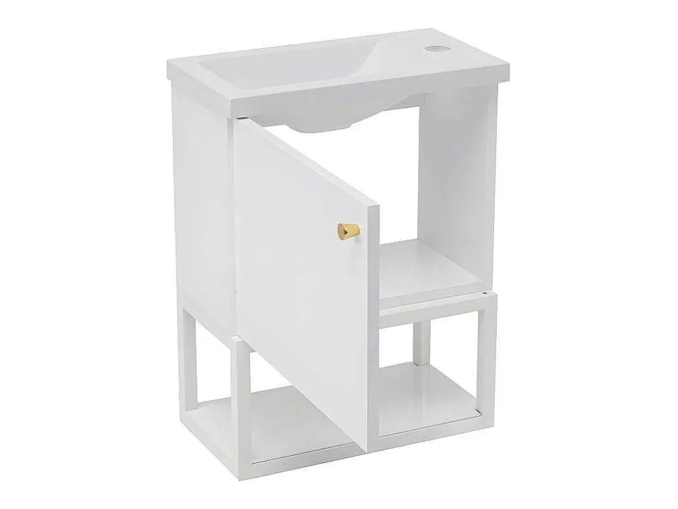 Hangend Badkamermeubel Met Ingebouwde Wastafel - 1 Deur En 1 Open Metalen Plank - Wit (Kraan Niet Inbegrepen)