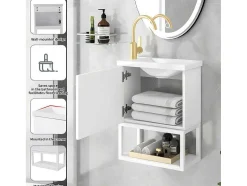 Hangend Badkamermeubel Met Ingebouwde Wastafel - 1 Deur En 1 Open Metalen Plank - Wit (Kraan Niet Inbegrepen)