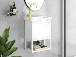Hangend Badkamermeubel Met Ingebouwde Wastafel - 1 Deur En 1 Open Metalen Plank - Wit (Kraan Niet Inbegrepen)