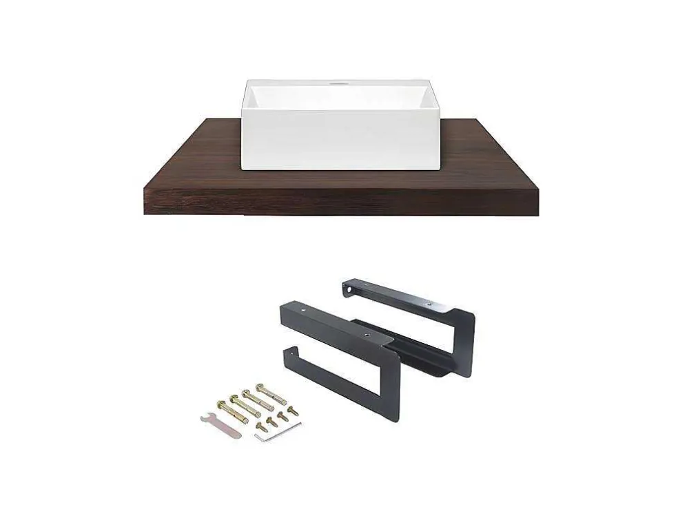 Hangend Bureau Van Donker Teakhout Met Zwarte Beugels En Wastafel - 80 X 50 Cm - Sukawati