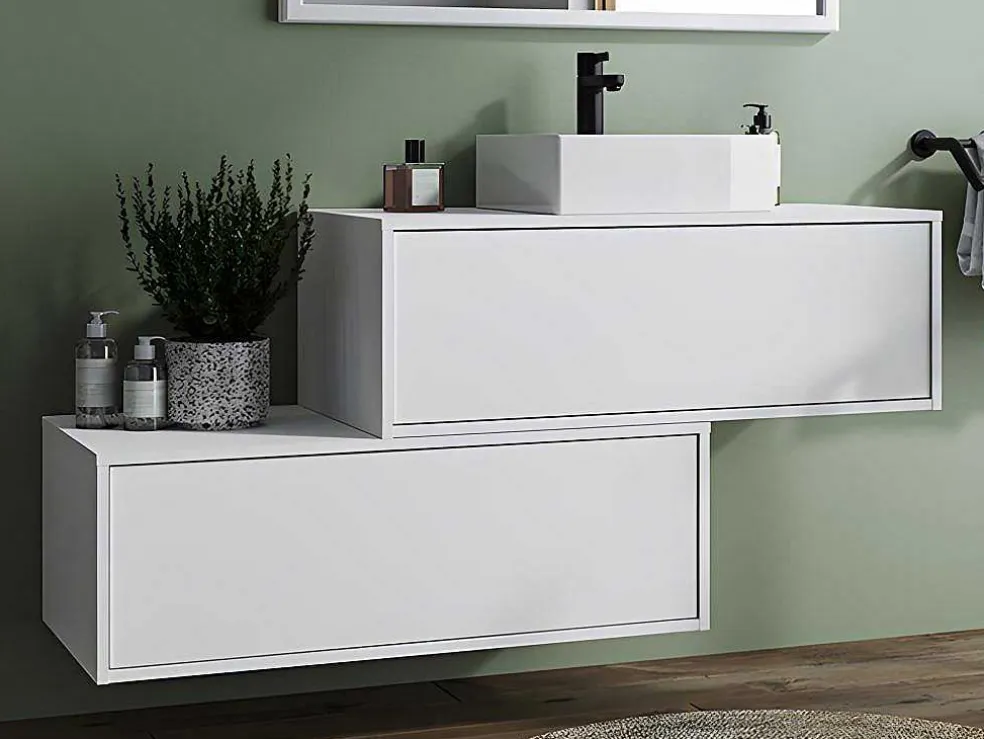 Hangende Badkamerkast In Wit Met Enkele Wastafel En Twee Lades - 94 Cm - Teana Ii