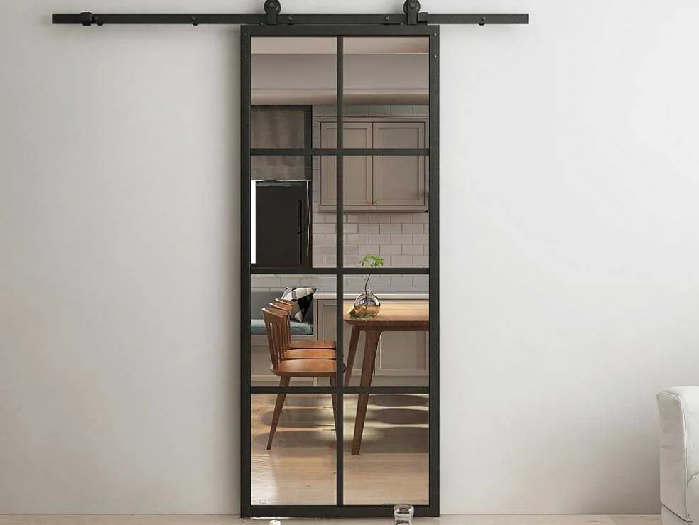 Hangende Schuifdeur H205 X L83 Cm Van Aluminium En Transparant Gehard Glas Wilden