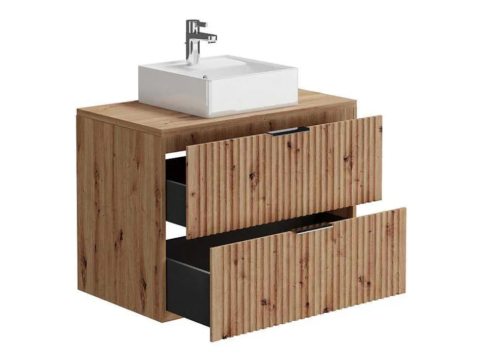 Hangend Geribbeld Badkamermeubel Met Wastafel Om Te Plaatsen - Licht Naturel - 80 Cm - Zevara