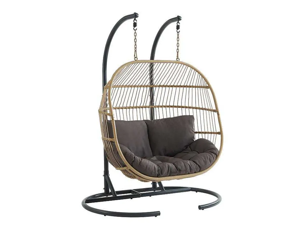 Hangfauteuil Voor 2 Personen Van Gevlochten Hars - Licht Naturel Met Antracietgrijs Kussen - Lissandra Van Mylia