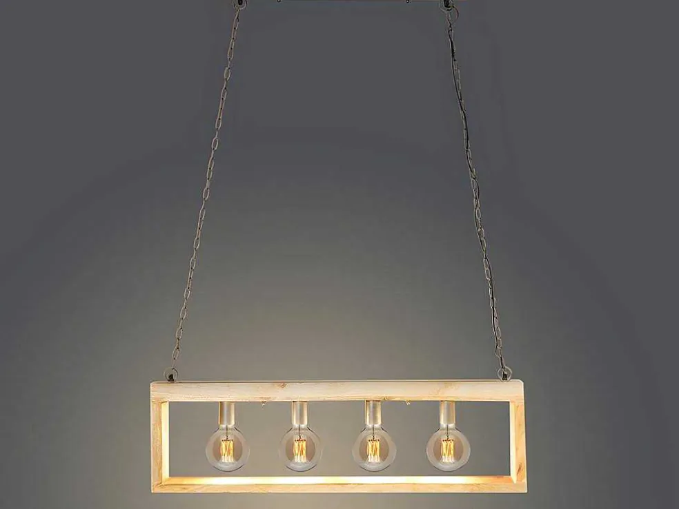 Hanglamp In Industriele Stijl Olius - Hout En Metaal - 4 Lampen - H31 X L100 Cm - Naturel En Zwart