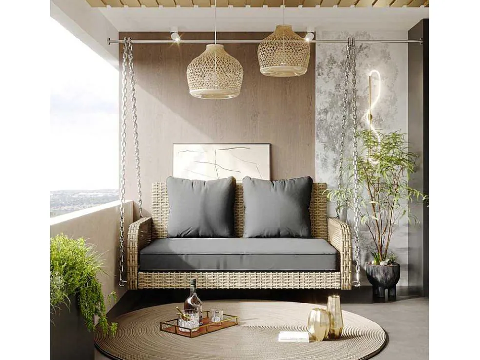Hangstoel In Geweven Hars - Tuinschommel - 2 Plaatsen - Met Kussens - Beige & Grijs