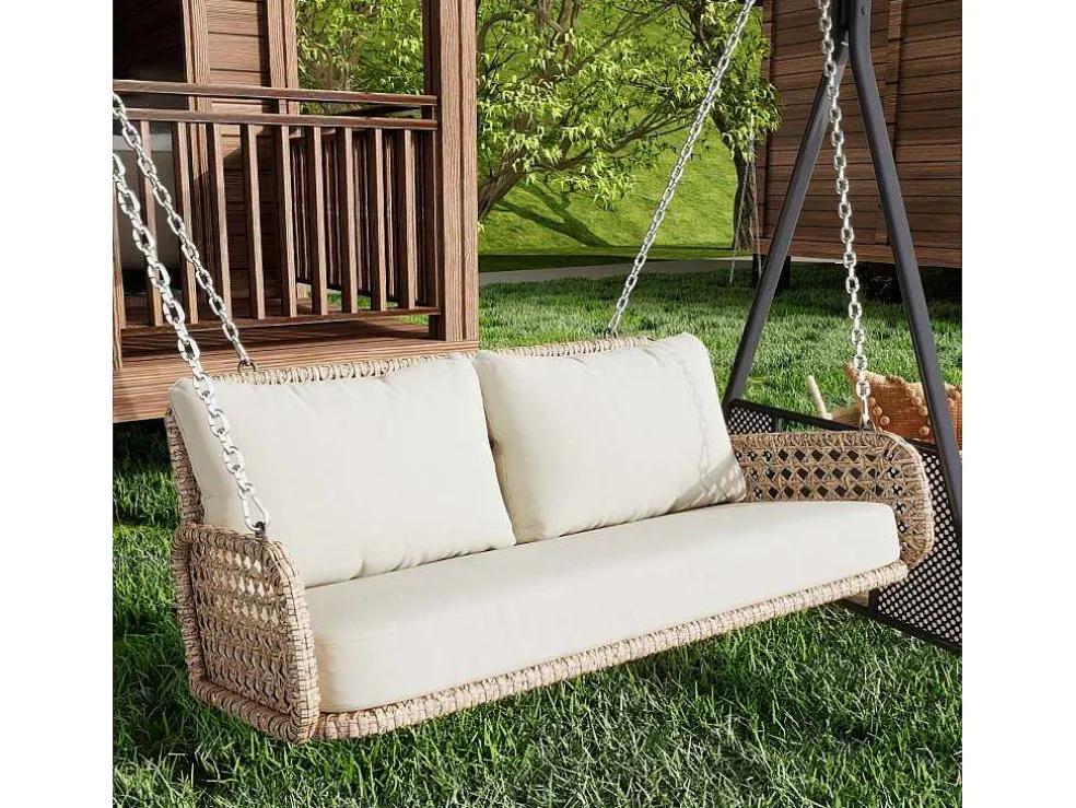 Hangstoel Van 240 Cm In Pe Rotan - 2 Plaatsen - Inclusief Kussens - Beige