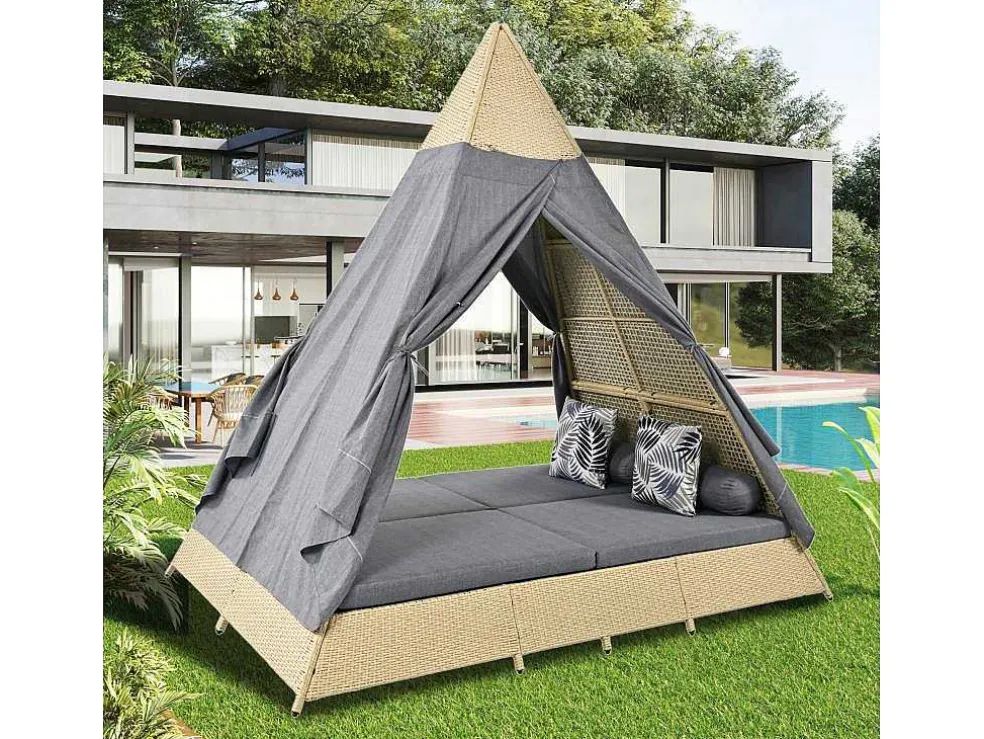 Hemel Tuinbed 2 Tot 4 Plaatsen - Beige Rotan En Grijs Deurgordijn - Inclusief Kussens - Voor Buiten