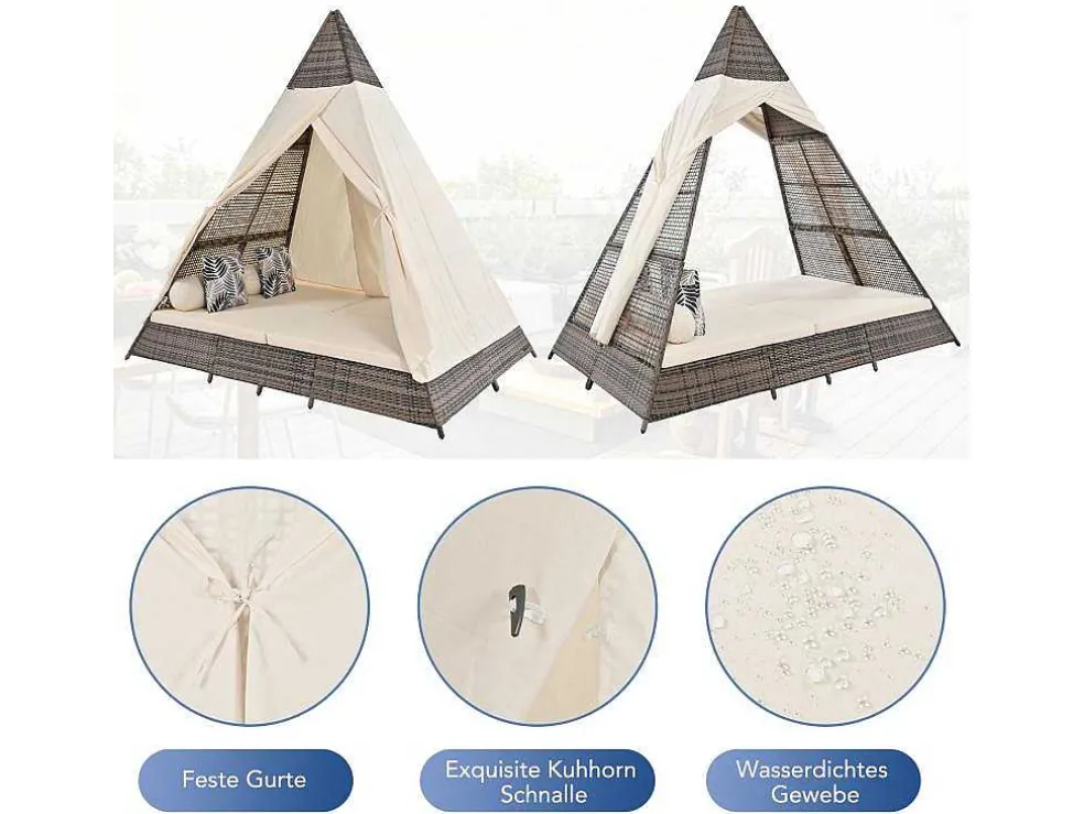 Hemel Tuinbed 2 Tot 4 Plaatsen - Grijs Rotan En Beige Deurgordijn - Inclusief Kussens - Voor Buiten