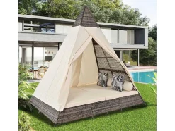Hemel Tuinbed 2 Tot 4 Plaatsen - Grijs Rotan En Beige Deurgordijn - Inclusief Kussens - Voor Buiten