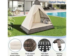 Hemel Tuinbed 2 Tot 4 Plaatsen - Grijs Rotan En Beige Deurgordijn - Inclusief Kussens - Voor Buiten