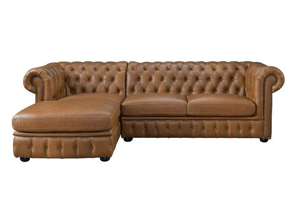 Hoekbank Chesterfield Brenton 100% Buffelleer - Hoek Links - Vintage Caramel