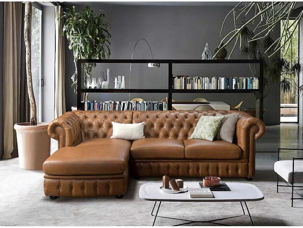 Hoekbank Chesterfield Brenton 100% Buffelleer - Hoek Links - Vintage Caramel