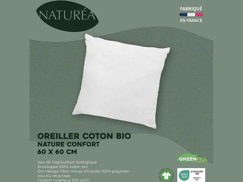 Hoofdkussen Van Biologisch Katoen 60 X 60 Cm Van Naturea - 550 G/M - Bruine Bies - Nature Confort