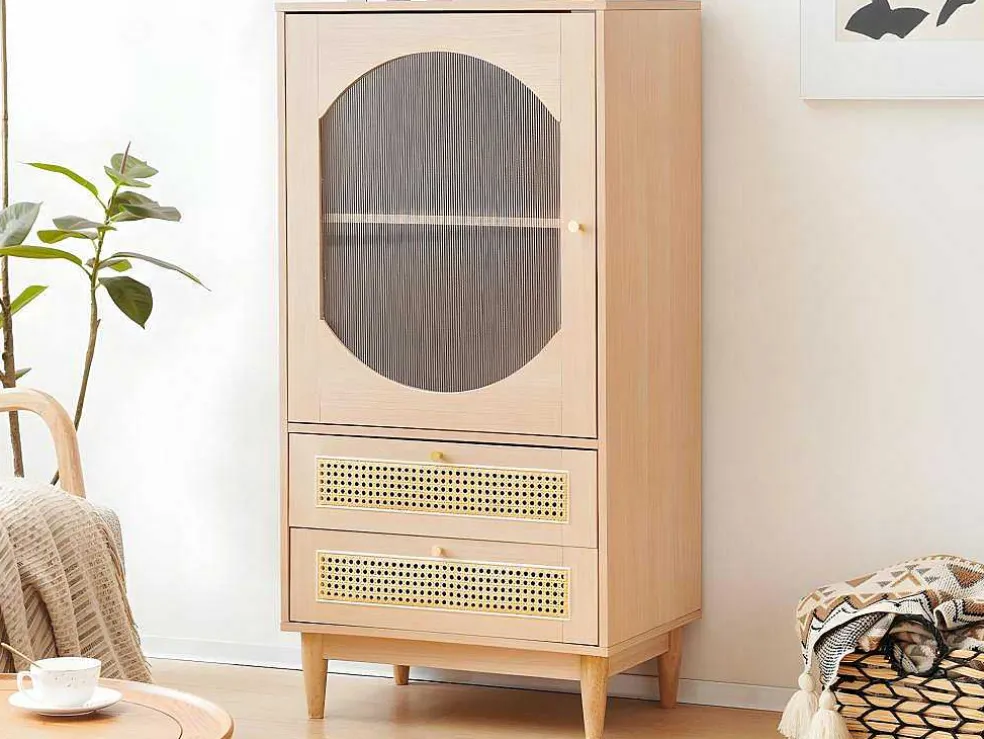 Hoog Dressoir Met 1 Transparante Acryldeur En 2 Rotan Lades - Landelijke Stijl - Naturel