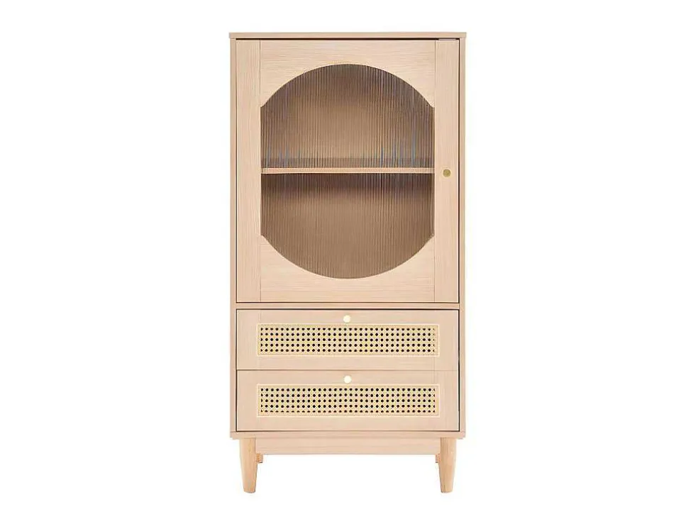Hoog Dressoir Met 1 Transparante Acryldeur En 2 Rotan Lades - Landelijke Stijl - Naturel