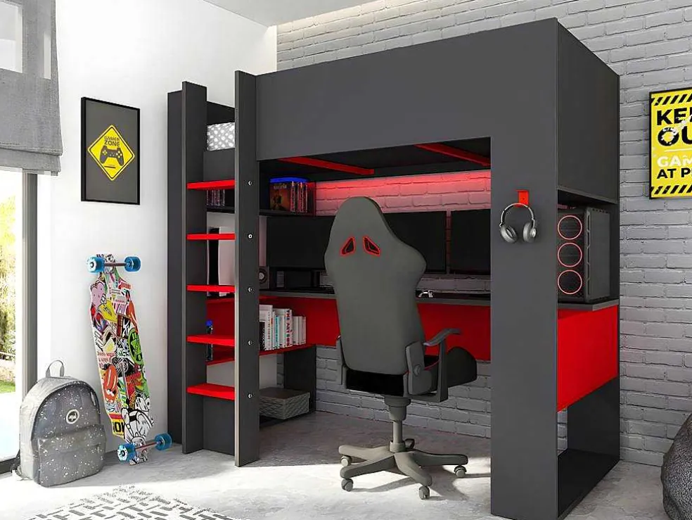 Hoogslaper Gamer Noah Met Bureau En Opbergruimtes - 90 X 200 Cm - Met Led'S - Antraciet En Rood + Matras