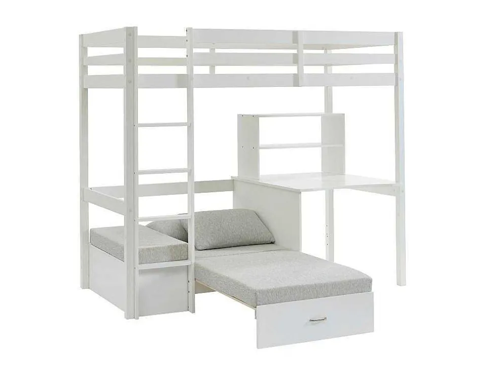 Hoogslaper Goliath Ii Met Bureau, Bedbank En Opbergruimte - 90 X 200 Cm - Massief Grenen - Gebleekt