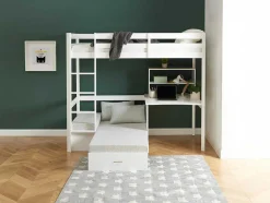 Hoogslaper Goliath Ii Met Bureau, Bedbank En Opbergruimte - 90 X 200 Cm - Massief Grenen - Gebleekt