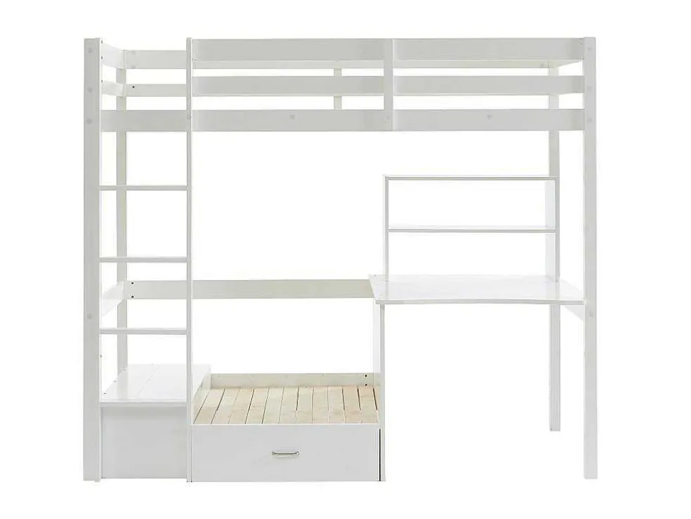 Hoogslaper Goliath Ii Met Bureau, Bedbank En Opbergruimte - 90 X 200 Cm - Massief Grenen - Gebleekt