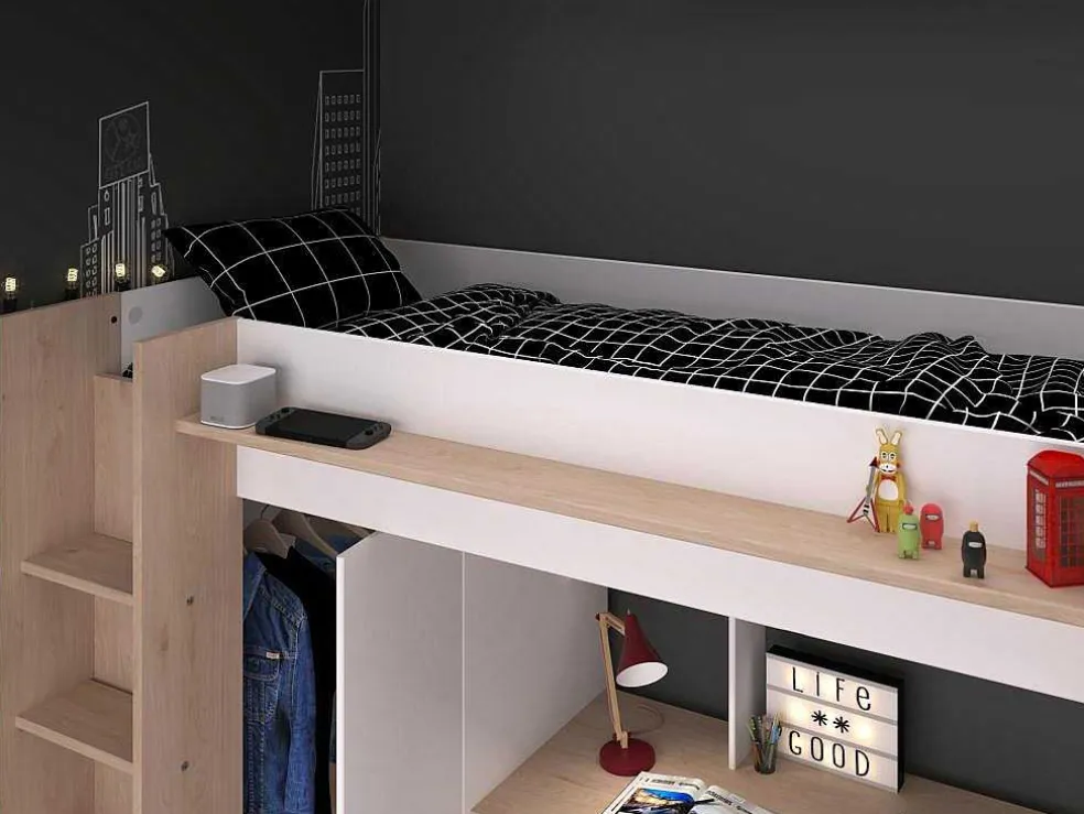 Hoogslaper Met Bureau En Kast - 90 X 200 Cm - Wit En Naturel - Auckland