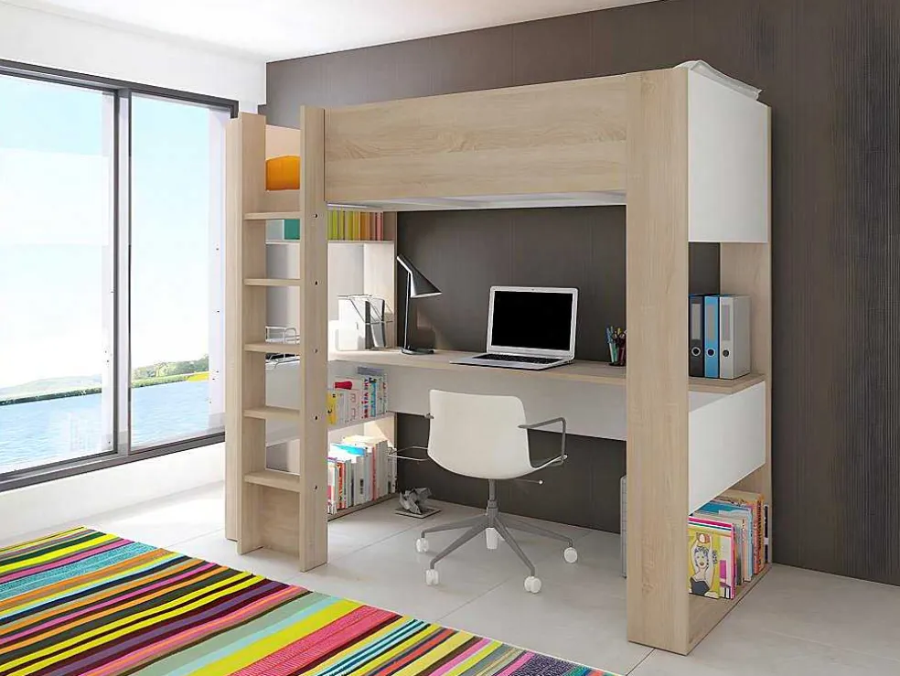Hoogslaper Met Bureau En Opbergruimte - 90 X 200 Cm - Eik En Wit + Matras - Noah Ii