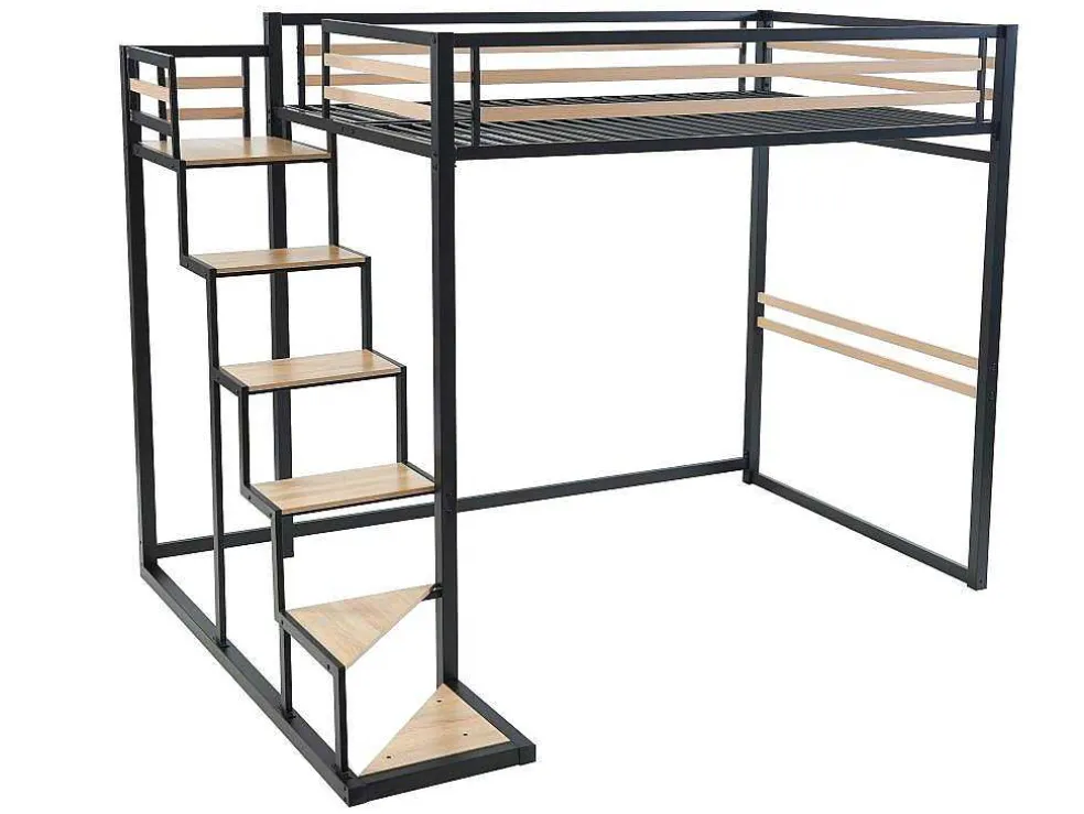 Hoogslaper 140 X 200 Cm - Metaal En Mdf - Zwart En Naturel + Matras - Jogui