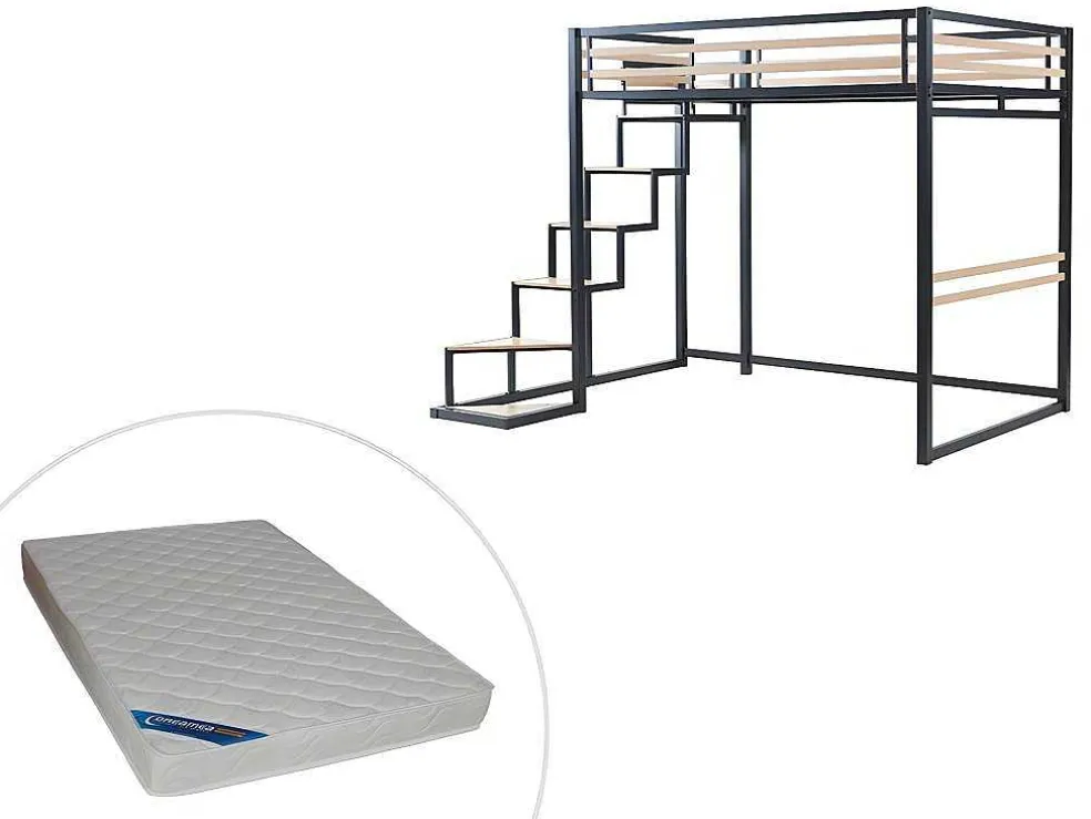 Hoogslaper 140 X 200 Cm - Metaal En Mdf - Zwart En Naturel + Matras - Jogui
