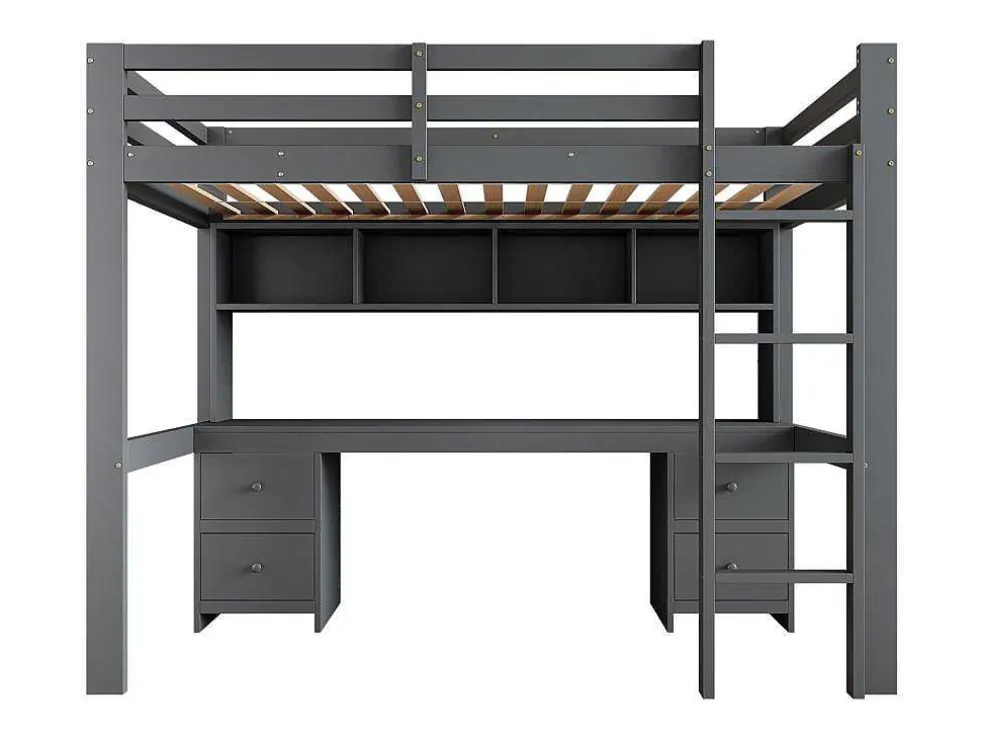 Hoogslaper 90 X 200 Cm Met Bureau, Boekenkast, Lades En Ladder, Mdf Hout, Grijs
