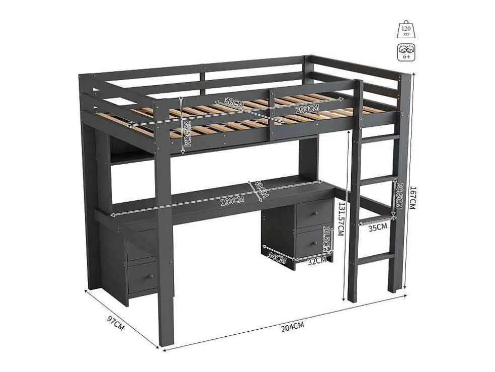 Hoogslaper 90 X 200 Cm Met Bureau, Boekenkast, Lades En Ladder, Mdf Hout, Grijs