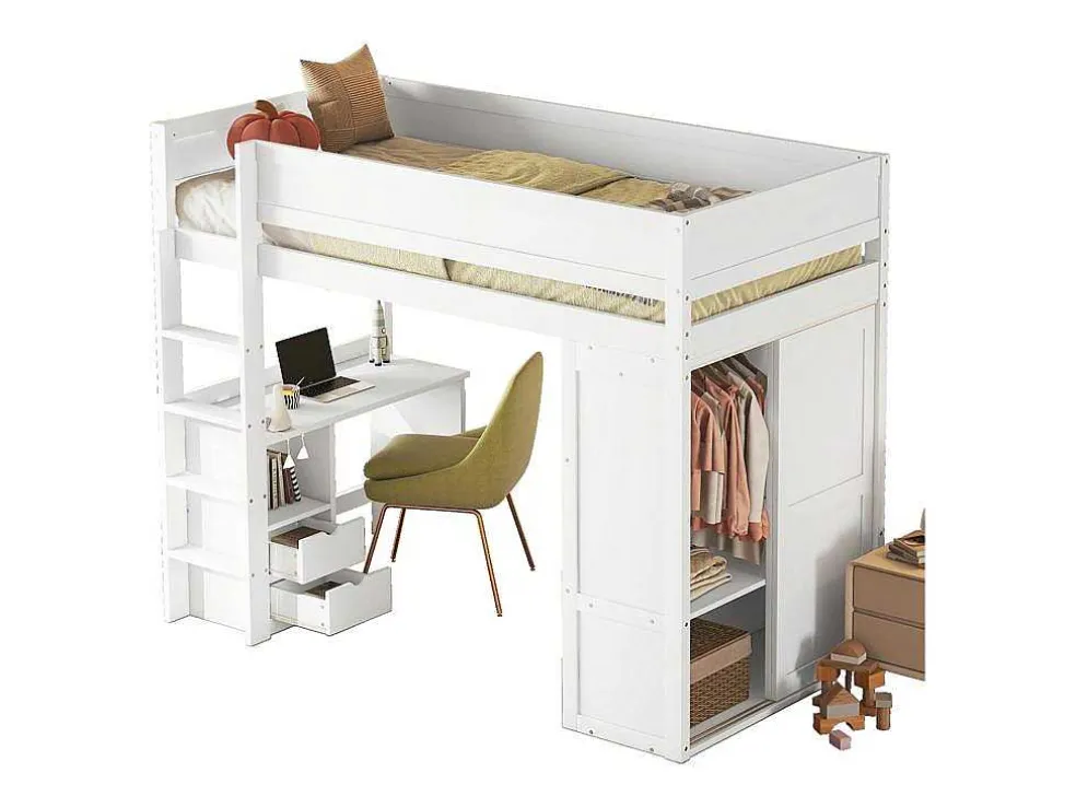 Hoogslaper 90 X 200 Cm Met Bureau + 2 Laden - Kledingkast Met Schuifdeur - Mdf Hout - Wit