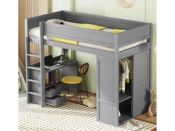 Hoogslaper 90 X 200 Cm Met Bureau + 2 Laden - Kledingkast Met Schuifdeur - Mdf Hout - Grijs