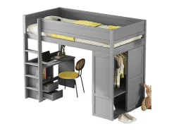 Hoogslaper 90 X 200 Cm Met Bureau + 2 Laden - Kledingkast Met Schuifdeur - Mdf Hout - Grijs