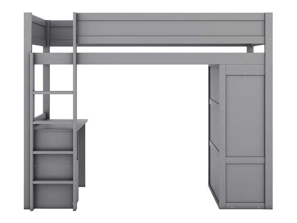 Hoogslaper 90 X 200 Cm Met Bureau + 2 Laden - Kledingkast Met Schuifdeur - Mdf Hout - Grijs