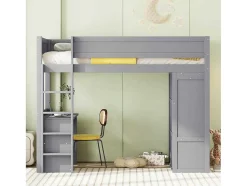 Hoogslaper 90 X 200 Cm Met Bureau + 2 Laden - Kledingkast Met Schuifdeur - Mdf Hout - Grijs
