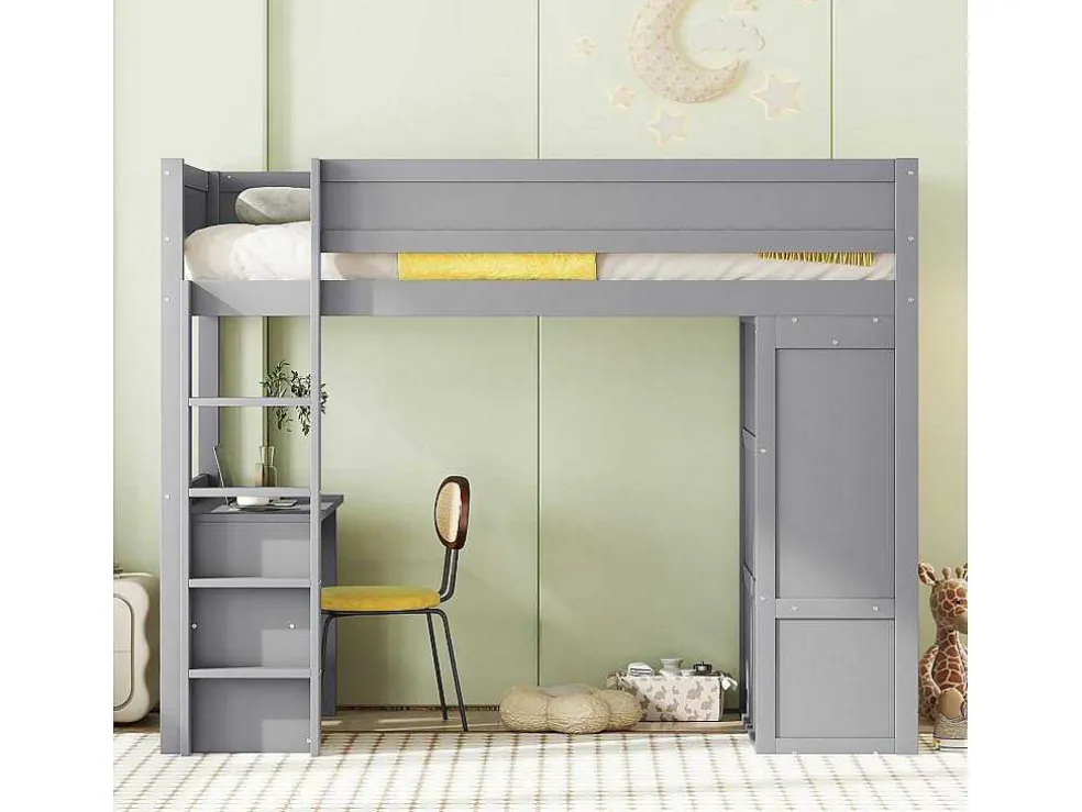Hoogslaper 90 X 200 Cm Met Bureau + 2 Laden - Kledingkast Met Schuifdeur - Mdf Hout - Grijs