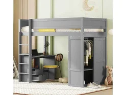 Hoogslaper 90 X 200 Cm Met Bureau + 2 Laden - Kledingkast Met Schuifdeur - Mdf Hout - Grijs