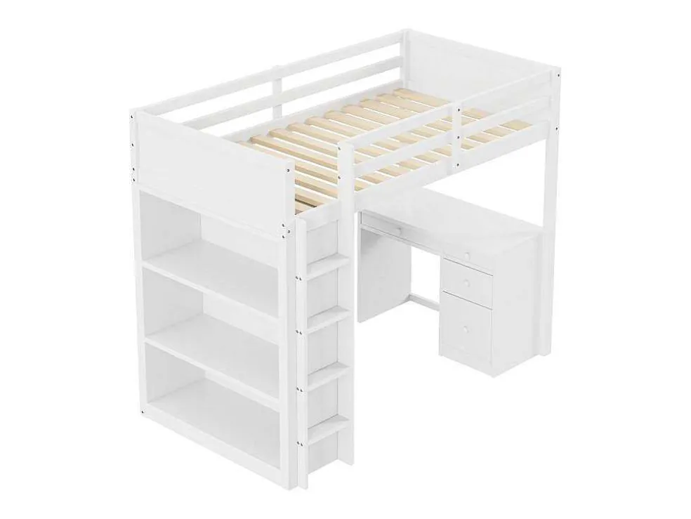 Hoogslaper 90 X 200 Cm Met Bureau, Opbergplanken, Lades En Ladder, Mdf-Hout, Wit