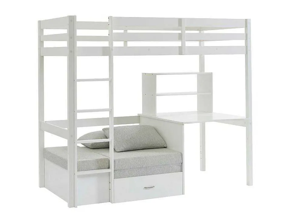 Hoogslaper 90 X 200 Cm Met Bureau, Slaapbank En Opbergruimte - Massief Grenen - Gebleekt + Matras - Goliath Iii
