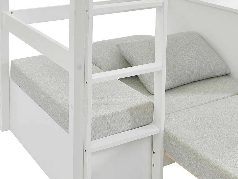 Hoogslaper 90 X 200 Cm Met Bureau, Slaapbank En Opbergruimte - Massief Grenen - Gebleekt + Matras - Goliath Iii