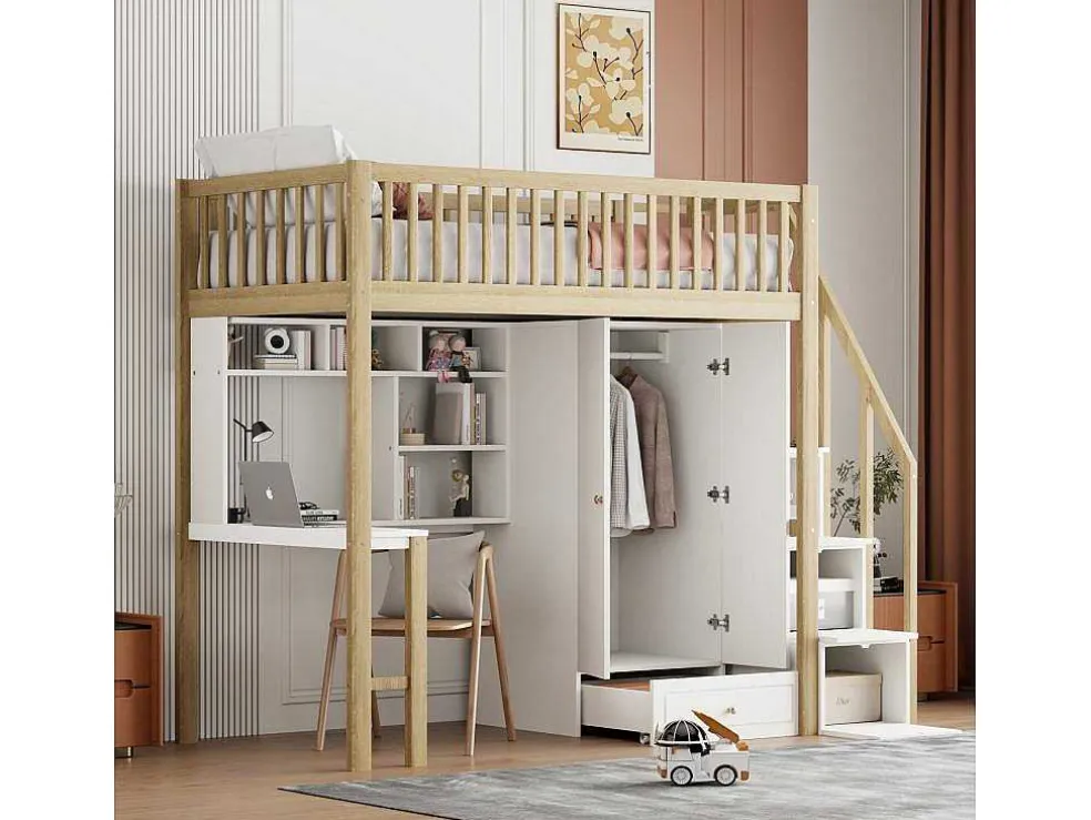 Hoogslaper 90 X 200 Cm Met Grote Kledingkast, Bureau, Boekenkast, Trap En Lades, Alles-In-Een, Mdf Hout, Wit + Eiken