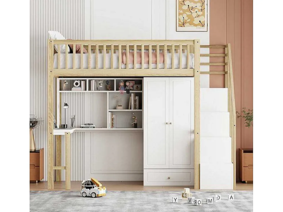 Hoogslaper 90 X 200 Cm Met Grote Kledingkast, Bureau, Boekenkast, Trap En Lades, Alles-In-Een, Mdf Hout, Wit + Eiken