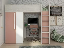 Hoogslaper - 90 X 200 Cm - Met Kast En Bureau - Roze En Wit + Matras -Nicolas