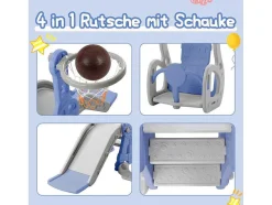 4-In-1 Glijbaan Met Schommel En Basketbalstandaard Voor Kinderen, Klimladder, Voor Binnen En Buiten, Blauw
