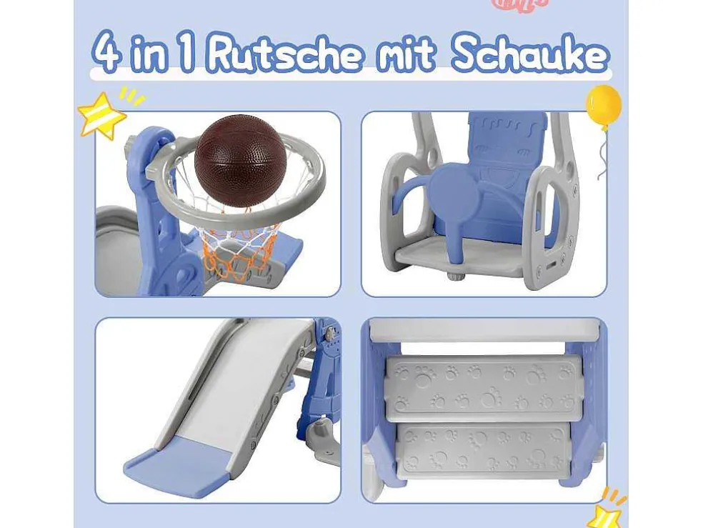 4-In-1 Glijbaan Met Schommel En Basketbalstandaard Voor Kinderen, Klimladder, Voor Binnen En Buiten, Blauw